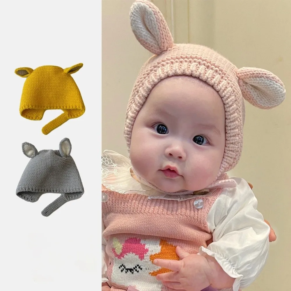 

Cute Cartoon Bear Ear Knitted Beanie Hat Solid Color Keep Warm Ear Protection Cap Windproof Earmuff Hats Kids Boy Girl