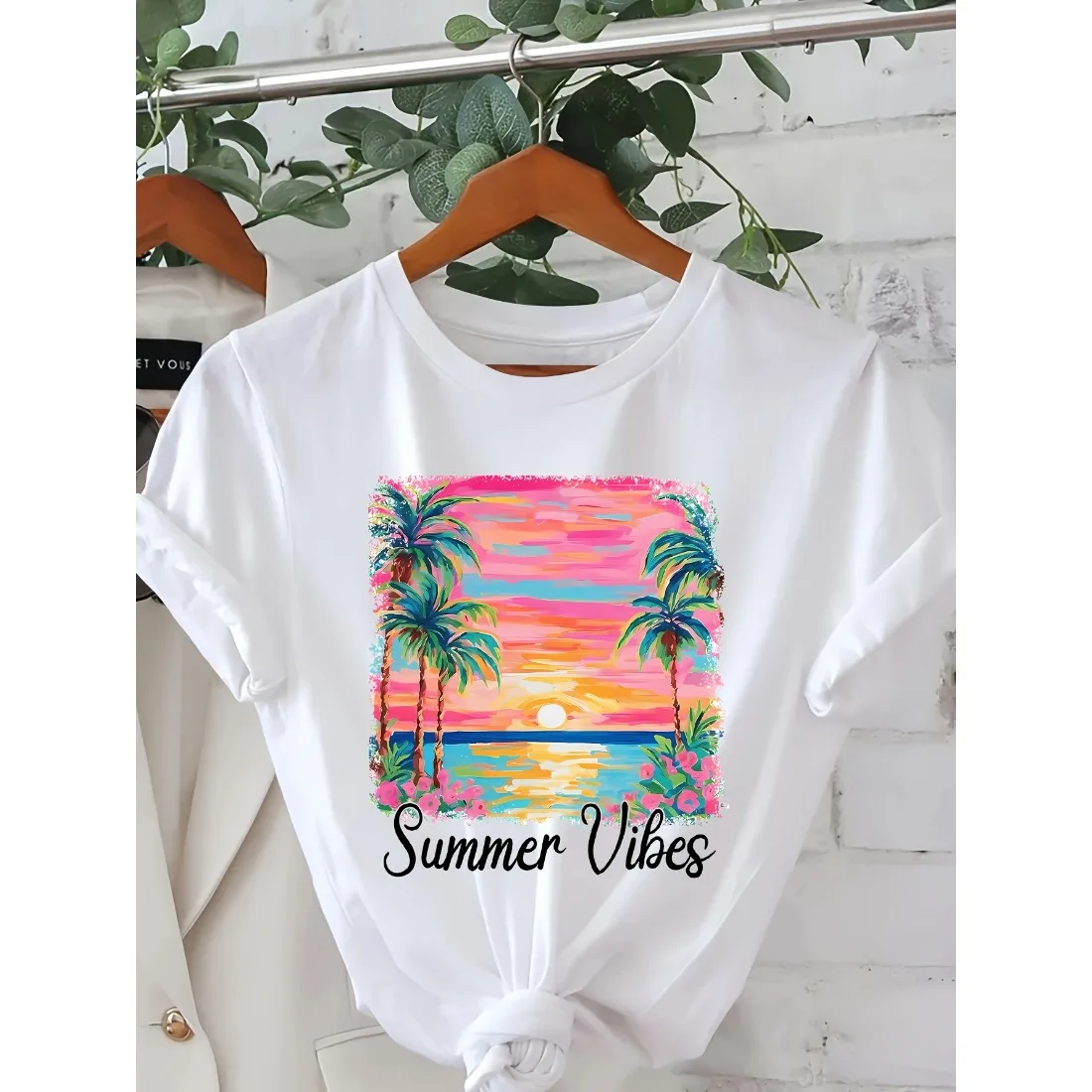 Children's Round Neck T-shirt Fashionable Loose Soft Comfortable Breathable Versatile Beach Sunset and Palm Tree Pattern Top