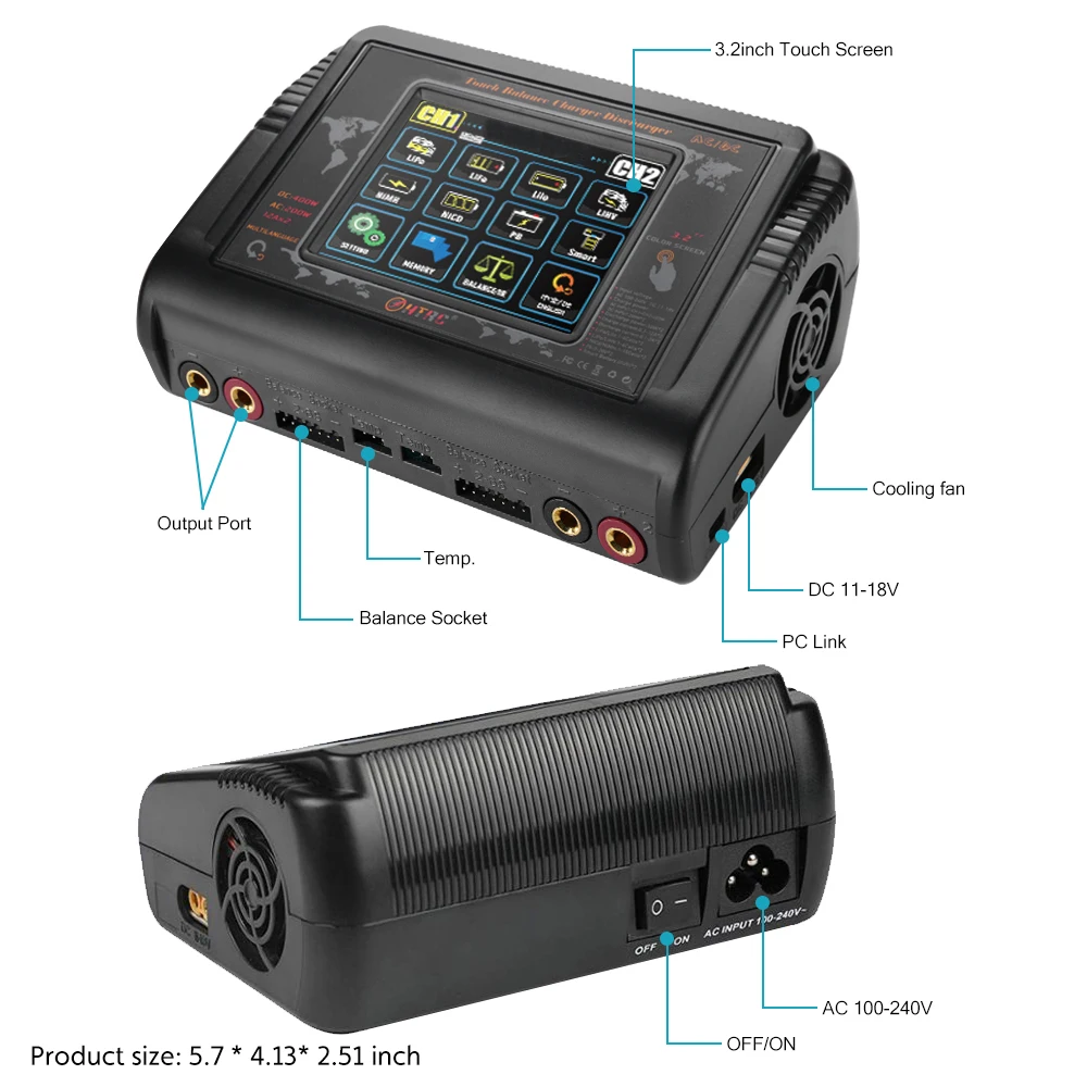 HTRC T400 يبو شاحن بطارية تيار مستمر 400 واط التيار المتناوب 200 واط RC شاحن مفرغ ل LiHV الحياة ليثيوم لون NiCd NiMh Pb يبو Batteri شاحن مزدوج