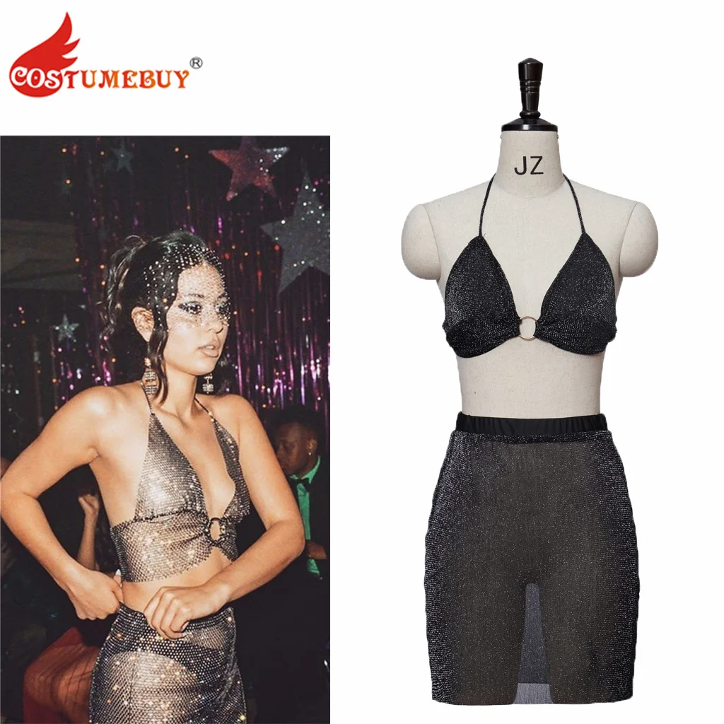 

Euphoria Maddy Perez Prom Outfit Crystal Mesh Halter Bralette Crop Tank Top and Maxi Skirt Lingerie Set Sexy Halloween Costume