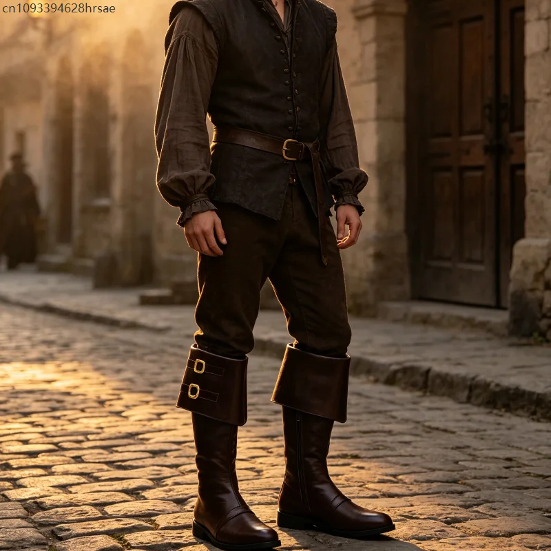 Vintage Men Brown High Boots Gold Buckle Decor Medieval Renaissance Pirate Knight Cosplay Shoes Retro Historical Costume Boots
