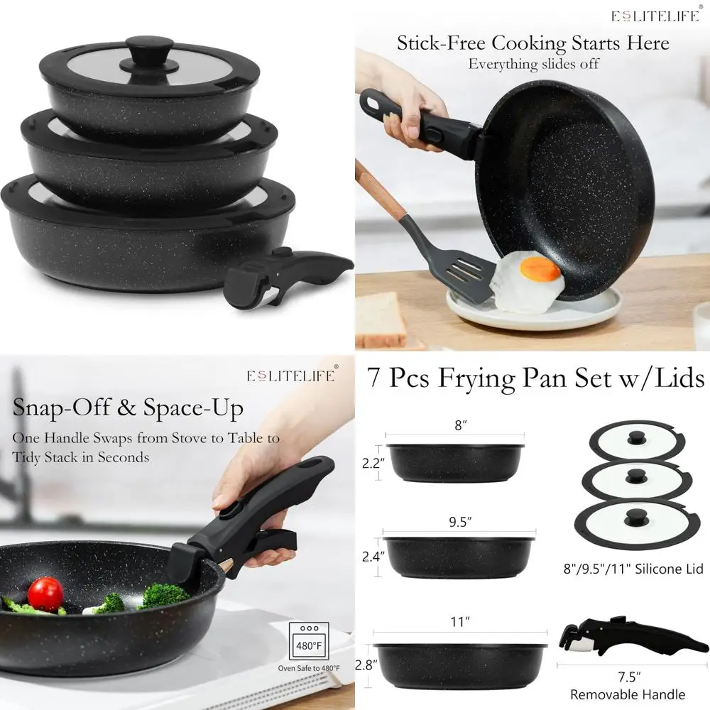 طقم مقالي سيراميك غير لاصقة مع أغطية ومقبض قابل للفصل، آمنة للبيض والعجة، مقالي مطبخ مثالية للطهي #1