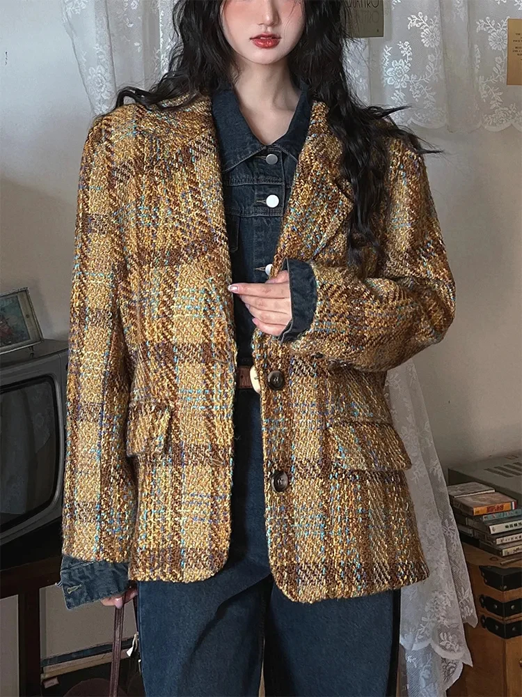 

Vintage Plaid Women Blazers Autumn Loose Streetwear Casual Lapel Jacket Y2K Korean Chic Office Ladies All Match Suit Coats New