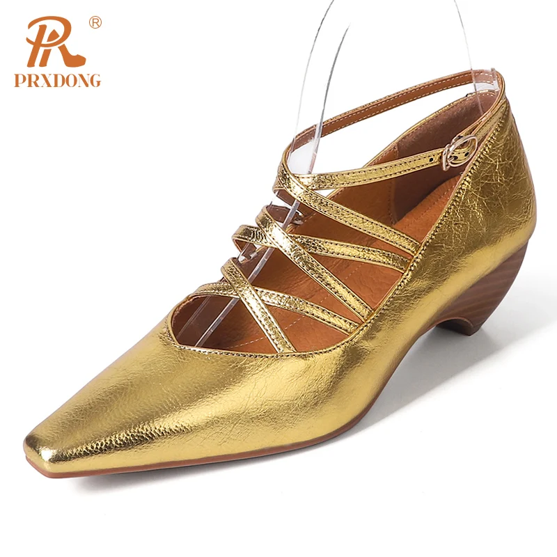 

PRXDONG Women Pumps New 2024 Classics Retro Genuine Leather Med Heels Black Gold Dress Party Office Lady Pumps Shoes Size 34-40