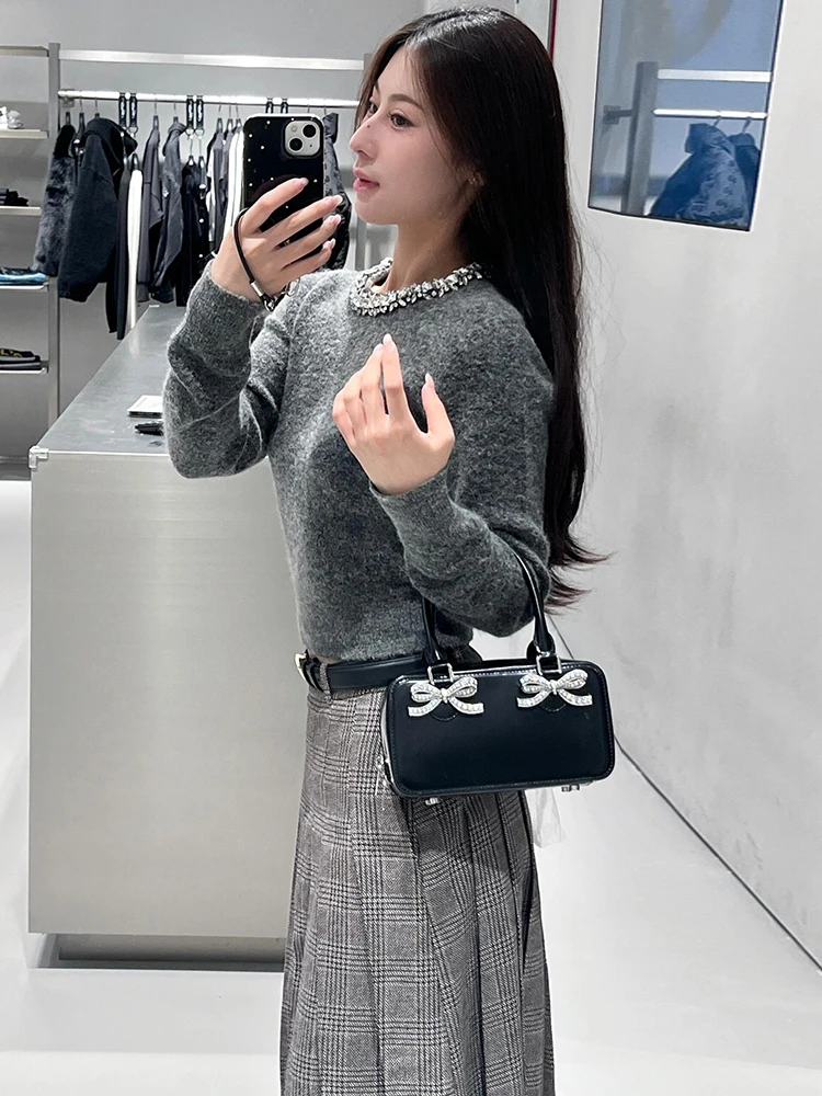 เสื้อสเวตเตอร์ถักฤดูหนาวผู้หญิงหรูหราฝังเพชรเก๋ไก๋ Sle Top Simple Commute Sle Regular Fit Long Sve ort Length