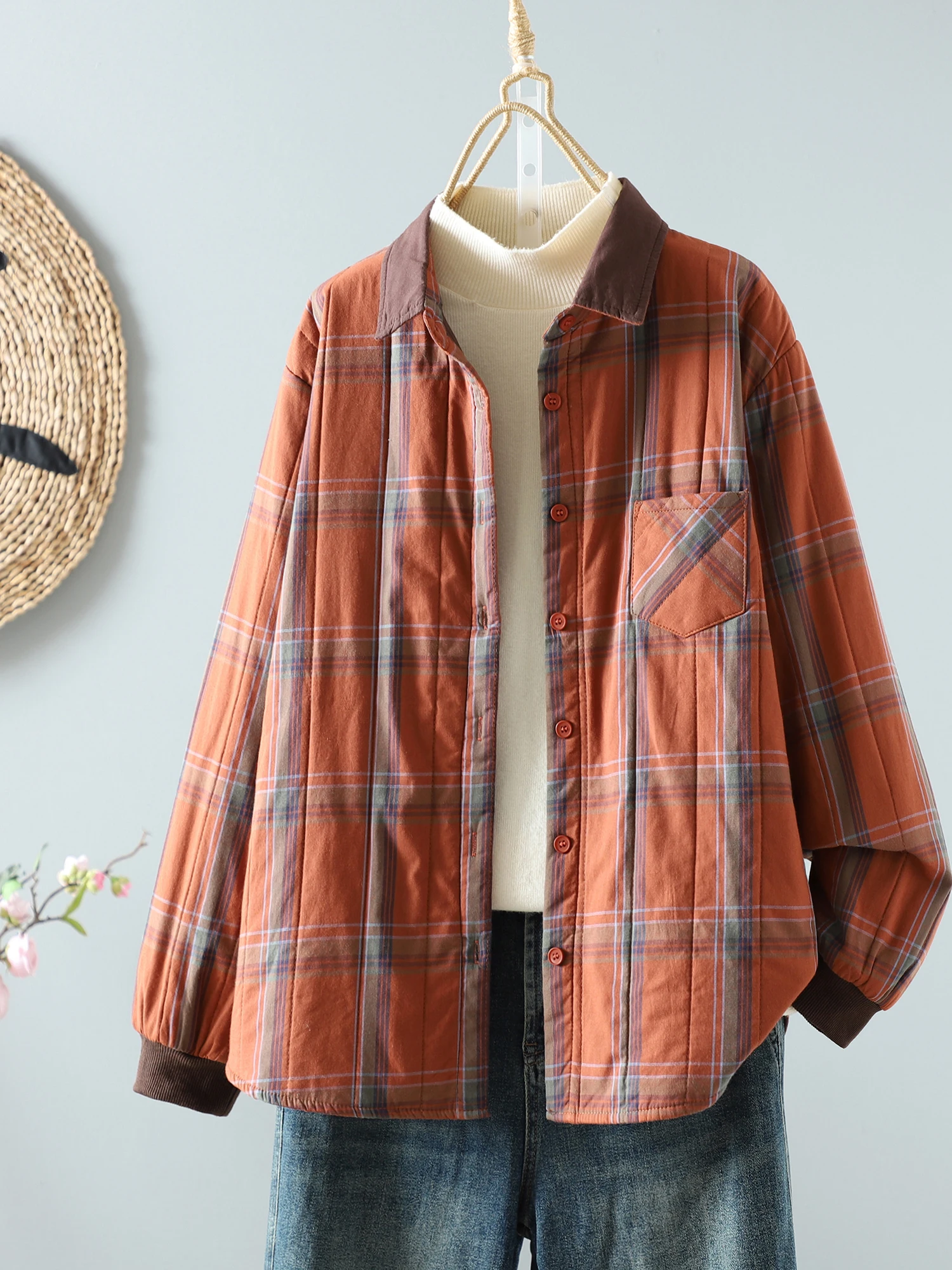 

Autumn Winter New Sle Versatile Patchwork Cotton Jaet Collar Loose Design Sensation Warm Long Sve Thin Cotton irt Women