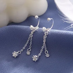 925 Sterling Silver Screw Bow Earrings Women's Sweet Flower Fringe Bent Hook Earrings Accessories Jewelry