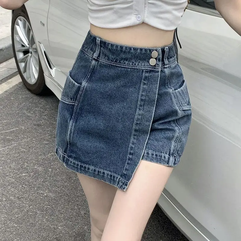 

Irregular denim skirt pants for women in summer, high waisted, A-line half length skirt for spicy girls, retro and slimming,