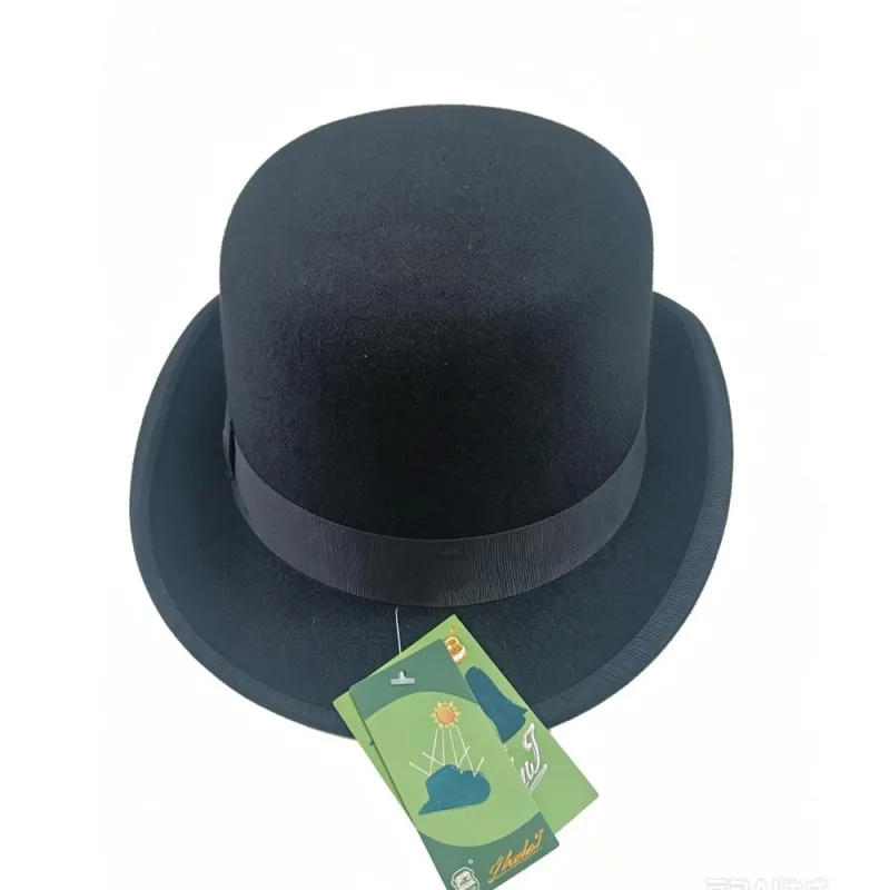 100% Wool Derby Hat 13cm Round Top Black Large Head 60‑61 / 62‑63cm Wide Brim Fedora Hat For Street Dance Jazz Party Daily Wear