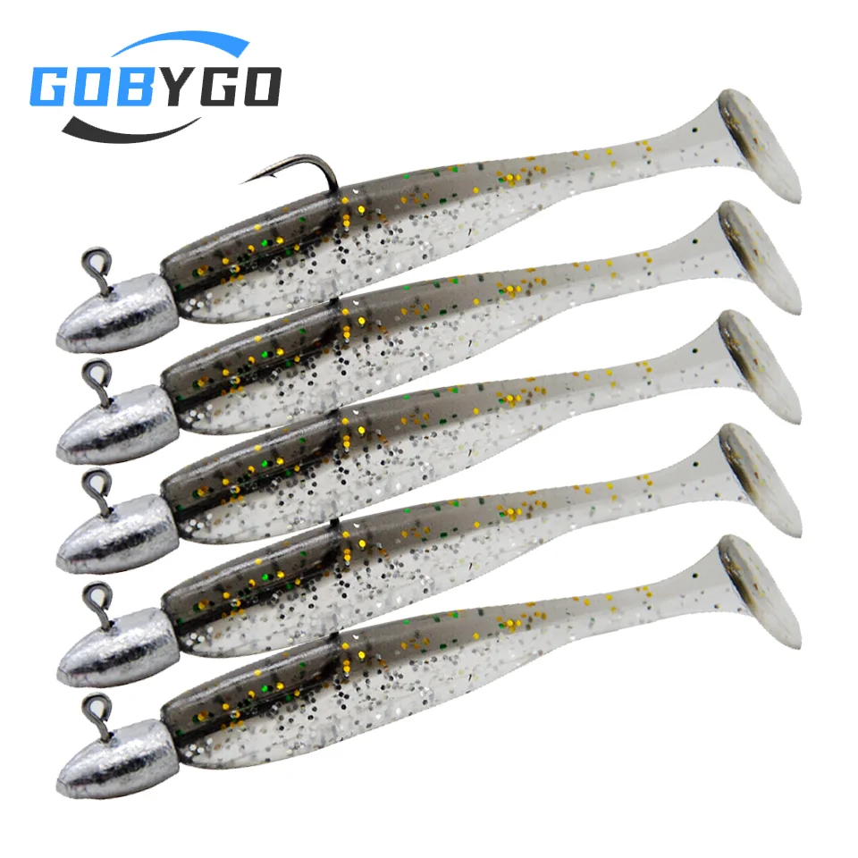 GOBYGO 5Pcs 60mm 3g T-tail Soft Fishing Bait Artificial Wobblers Lure Matched Jig Head Hooks Swimbait Bass Pike Trout Fishing