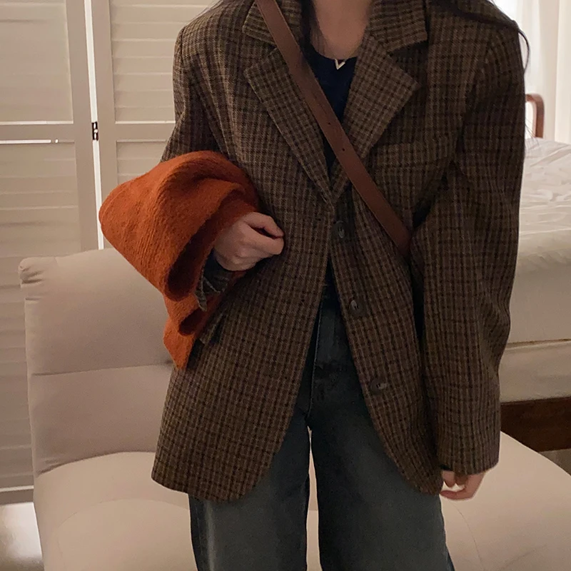 Vintage Plaid Women Blazers Japanese Autumn Winter Casual Office Lady Suit Jacket Female Retro Button Small Fragrance Outwear