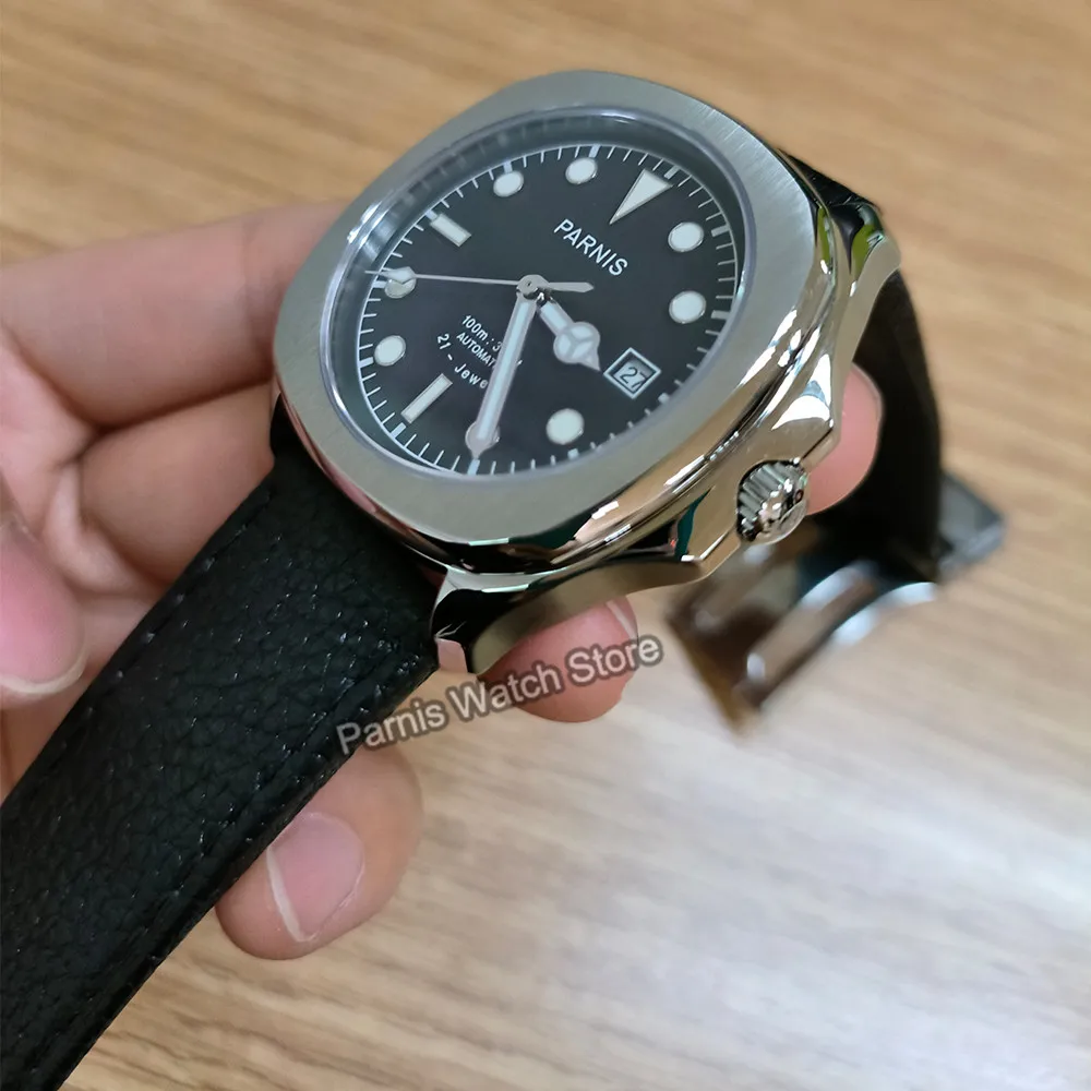 Parnis 남성용 스테인레스 스틸 기계식 손목시계, 가죽 스트랩 포함, 39mm