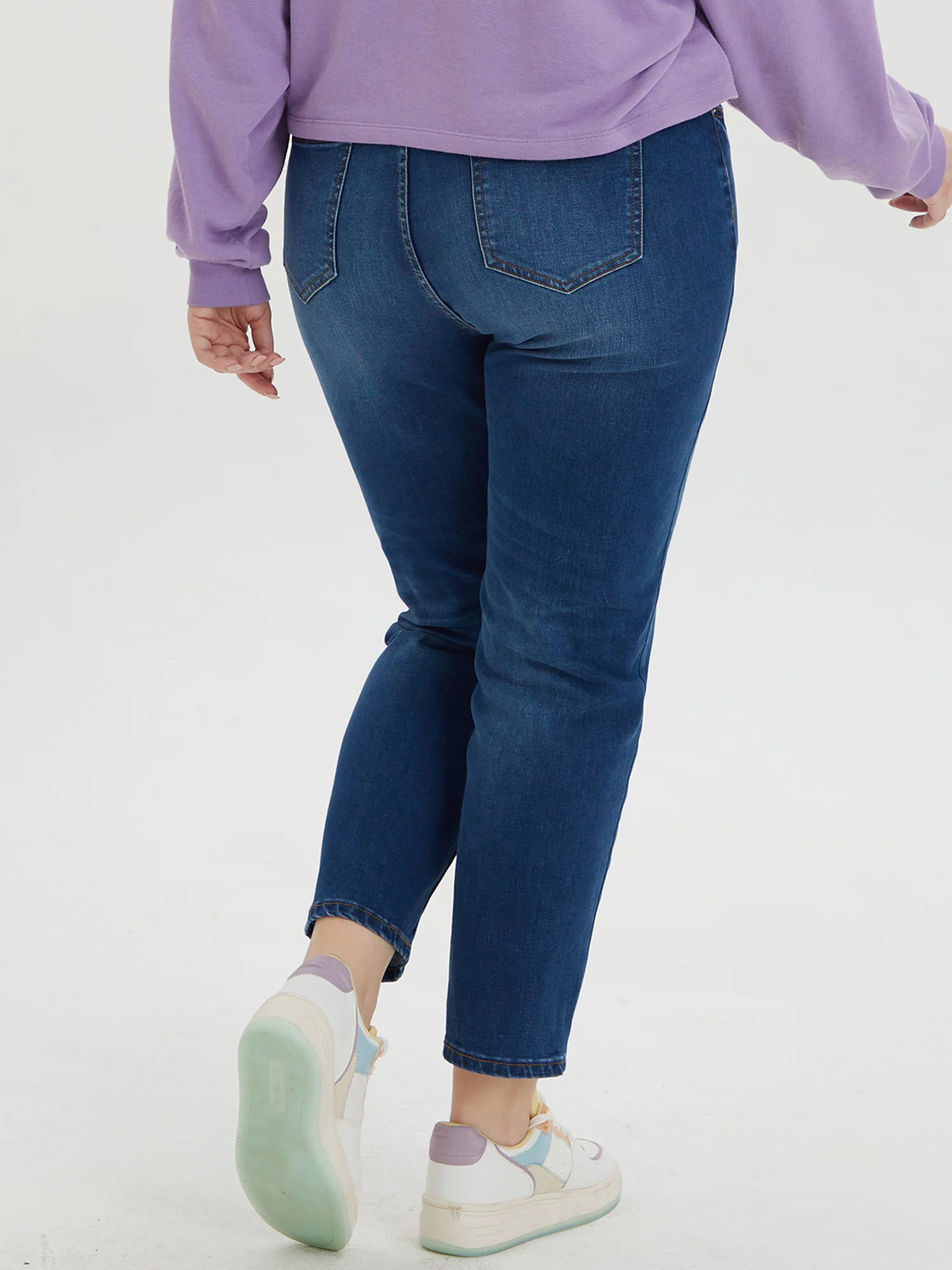 Plus Size Tapered Jeans for Women High Waist Stretchy Harem Women Jeans Washing Full Length Dark Blue Curvy 100kgs Denim Pants