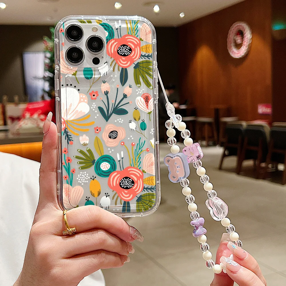 3D Flower Pearl Chain Phone Case For iPhone 11 12 13 14 15 Pro Max XR X XS SE 2022 2020 7 8 15 Plus Case With Lanyard Soft Cover image 3