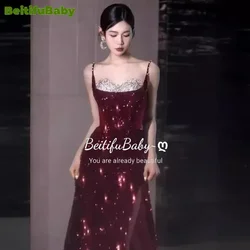 BeitifuBaby Vintage Evening Dresses for Women Light Luxury Sleeveless Sequins Fishtail Wedding Dress for Women Vestido De Fiesta