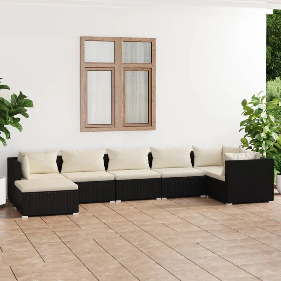 

7 Piece Patio Lounge Set with Cushions Poly Rattan Black