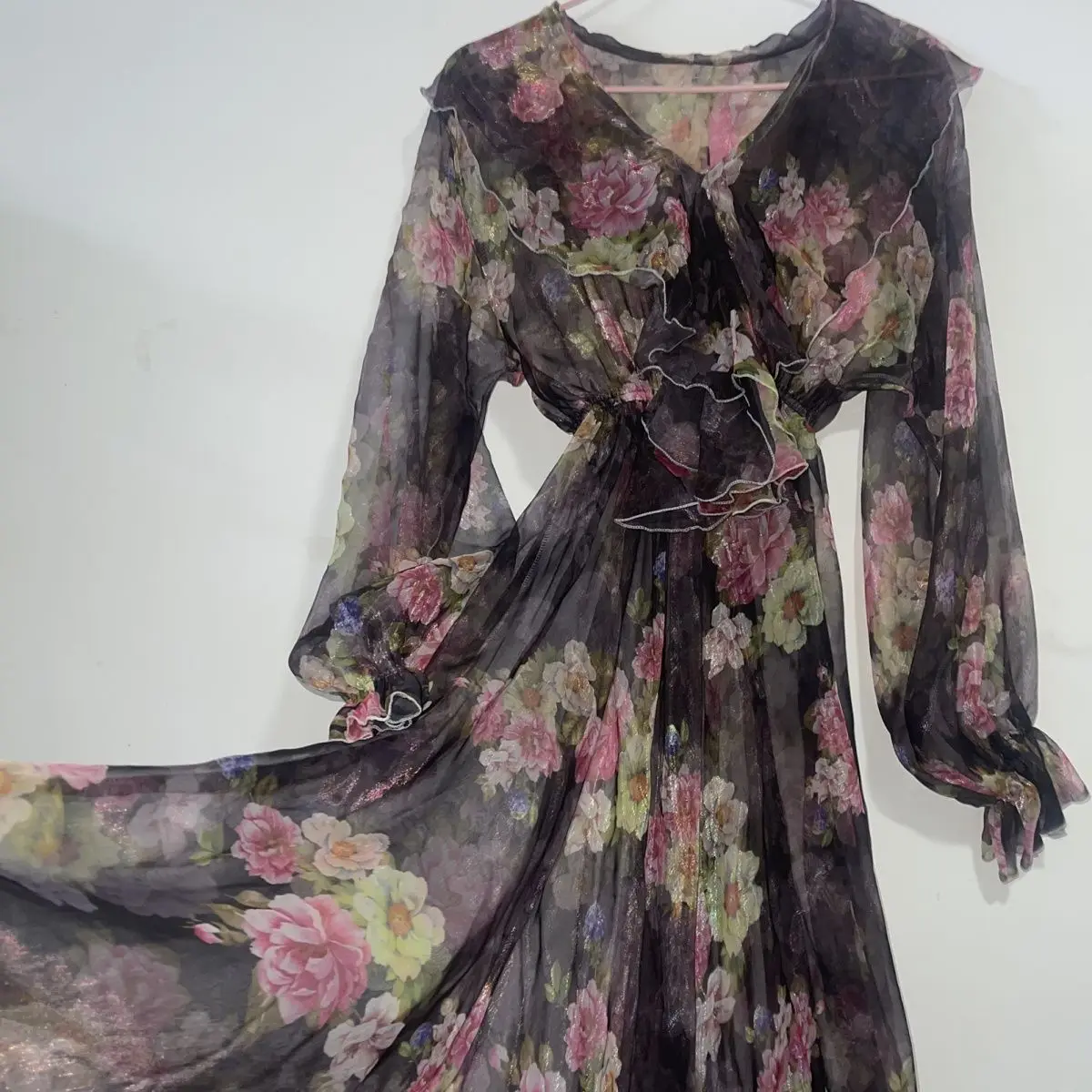 

Floral Print See Through Women Mesh Tulle Long Sleeve Dress Loose Maxi Dress Plus Size Sleeping Pajamas Robe