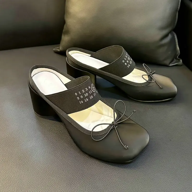 

Женские мюли с бантом и толстым каблуком, новинка 2025 года, нишевый дизайн, шлепанцы на высоком каблуке