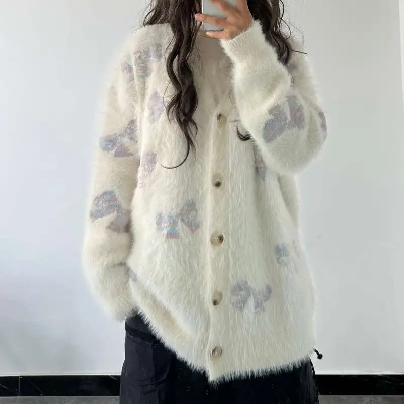 

American Knitted Cardigan Sweet Bow Jacquard Soft Waxy Sweater Women Autumn Winter Design Sense Coat