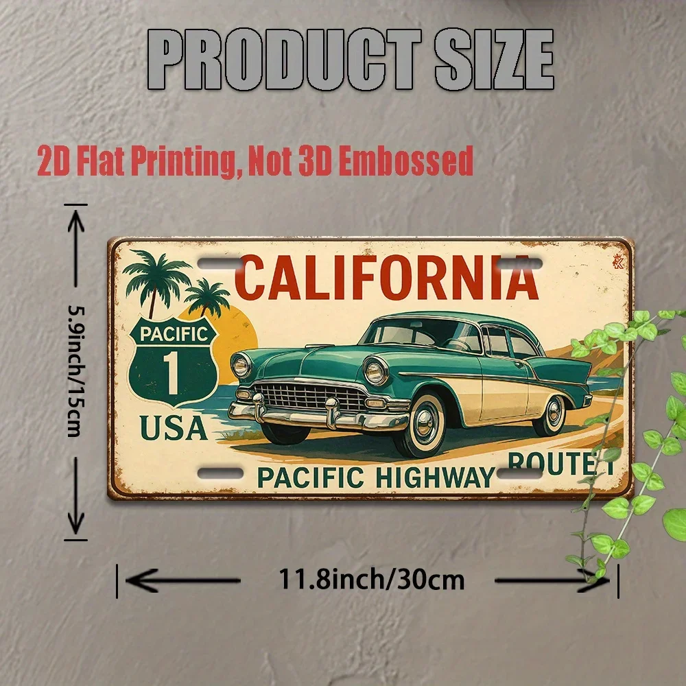 Panneau métallique 2D plat, style rétro Californie, avec palmiers et texte « Pacific Highway », idéal pour la décoration de la m
