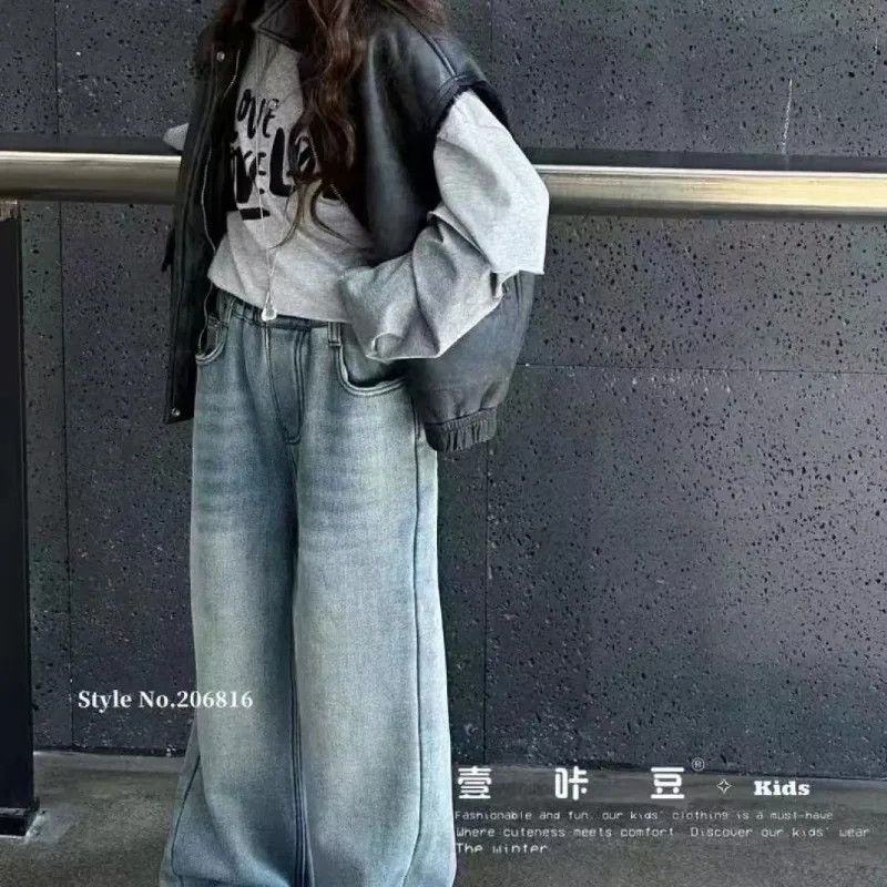 UNITIM Autumn Children Girls Jeans 4-14Yrs Kids Girls Wide Leg Pants Loose Versatile Sticker Pockets Junior Girls Denim Pants