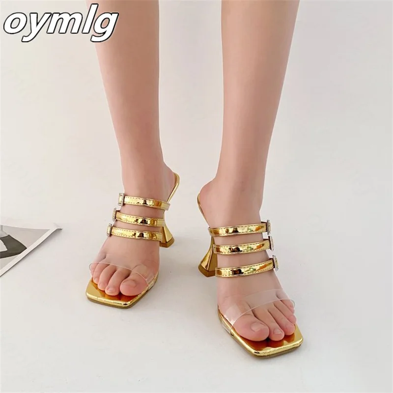 

Striped rhinestone buckle one word high heel sandals2022spring new outer wear wine glass and one word slippers designer sandals