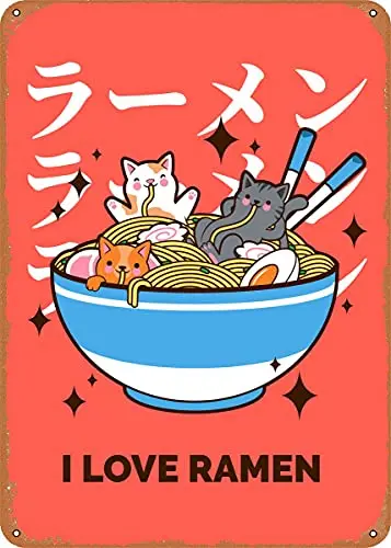 Ich liebe Ramen, lustige Katzen, Vintage-Look, Metallschild, Patentkunstdrucke, Retro-Geschenk