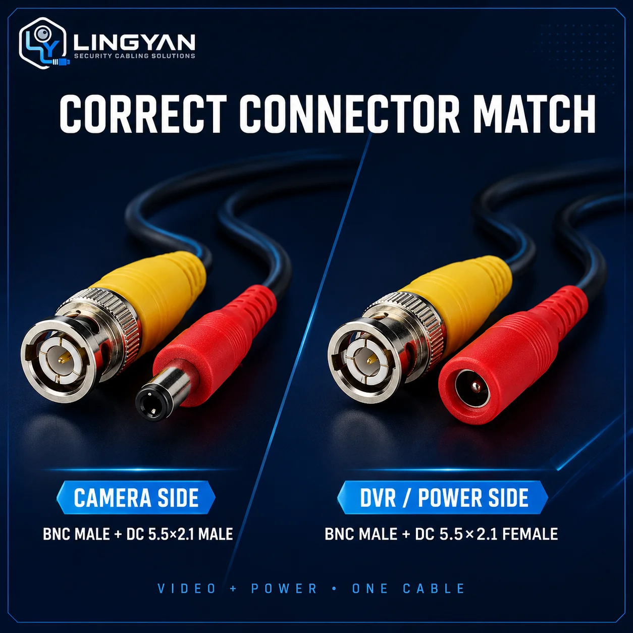 LINGYAN BNC DC CCTV Extension Cable 2-in-1 Video Power Cord for AHD 2MP Security Camera DVR 5M-50M