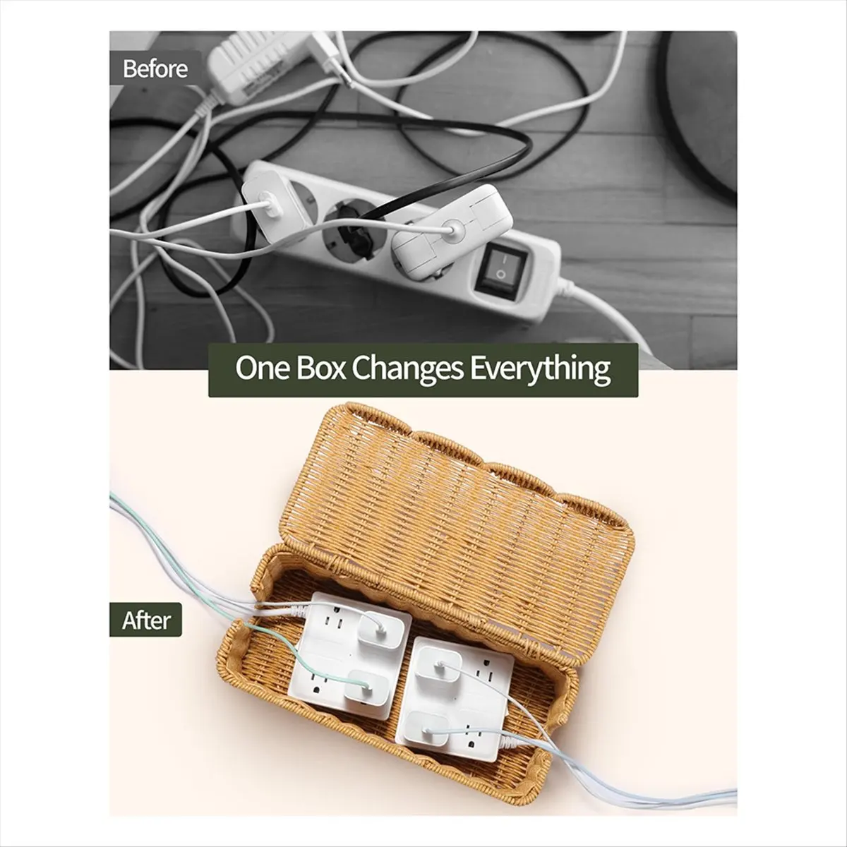 Y69A Cable Management Box,Imitation Rattan Cable Organizer Box,2 Open Slots Cords Hider Box Under Desk Cord Organize