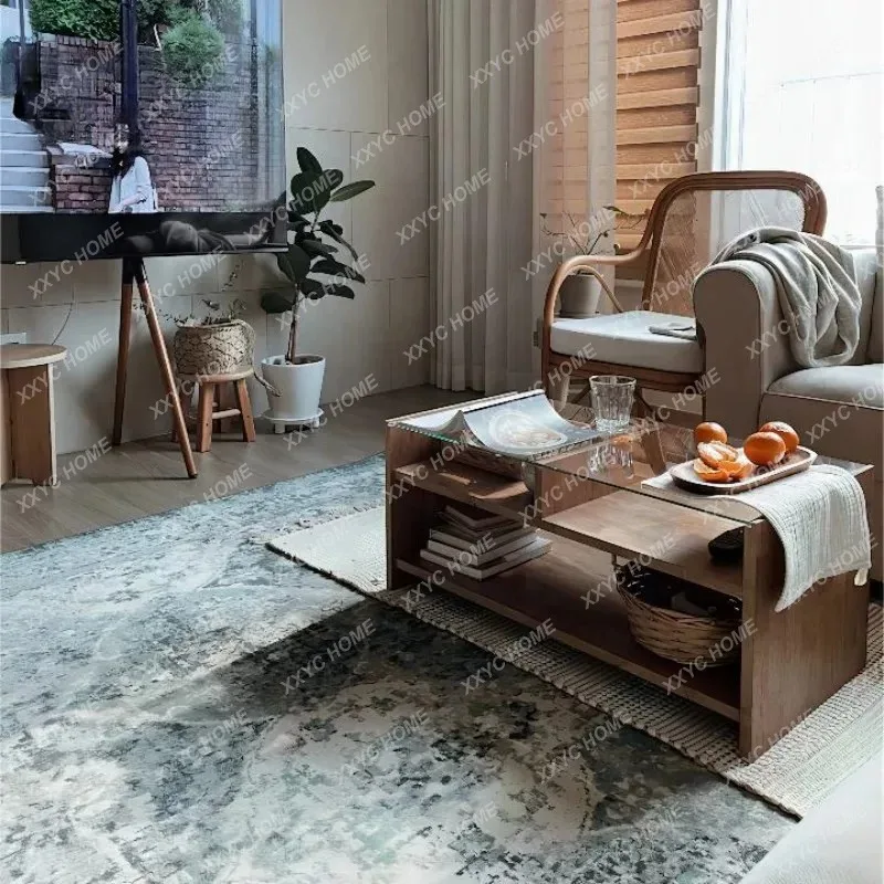 Retro solid wood square tempered glass coffee table simple small apartment household living room table double tea table