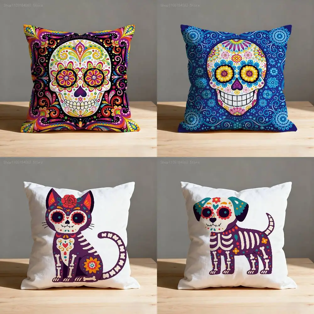 

Day of the Dead Sugar Skulls Art Pillow Case For Sofa Decor Car Office Room Printing Cushion Cover Decorations and Protector