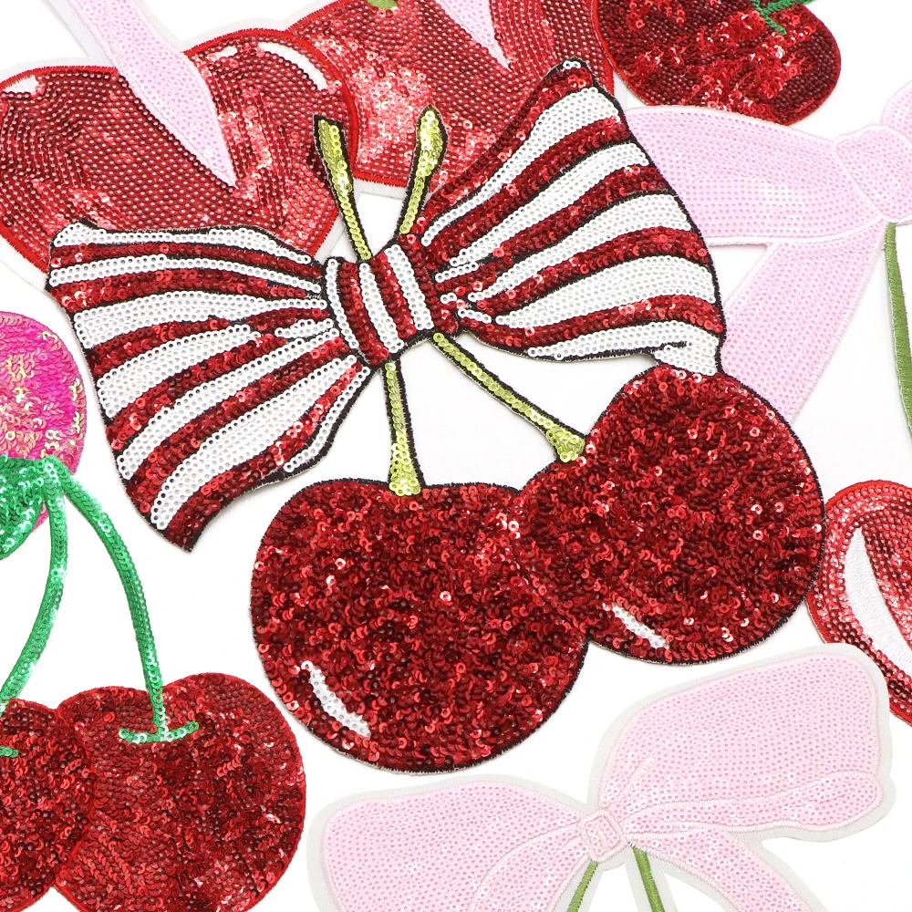 1PC Red Cherry Iron on Patches Fruit Pattern Appliques For Clothing Sequin Cherry Embroidered Patches for DIY Accessories