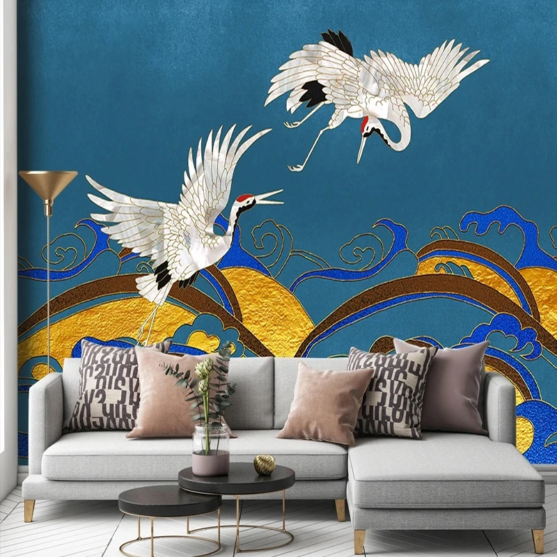 Custom Mural Wallpaper Chinese Style Crane Golden Relief Lines Wall Cloth Living Room Sofa Wall Home Decoration Papel De Parede