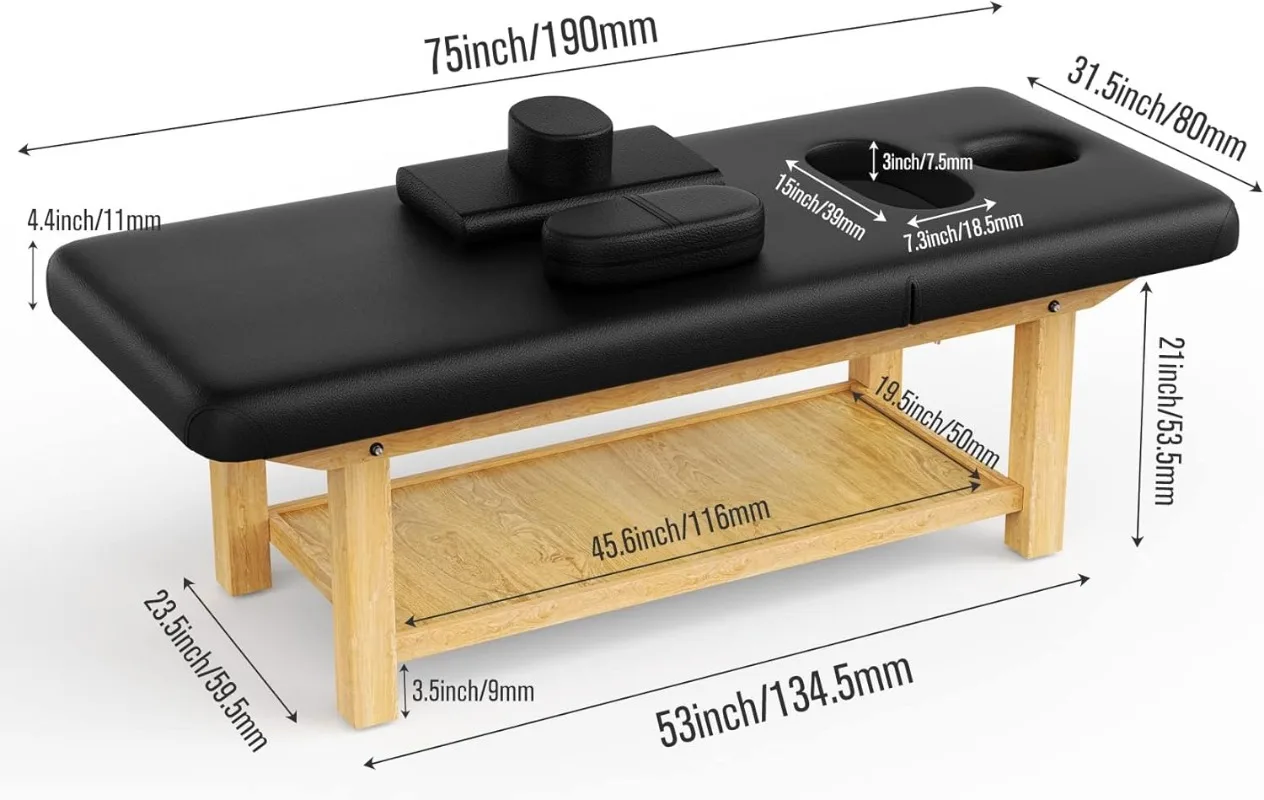 31,5'' B 75'' L Holzbreiter stationärer Massagetisch für Behandlungstische Physiotherapietisch Spa Gesichtsbett, PU-Leder