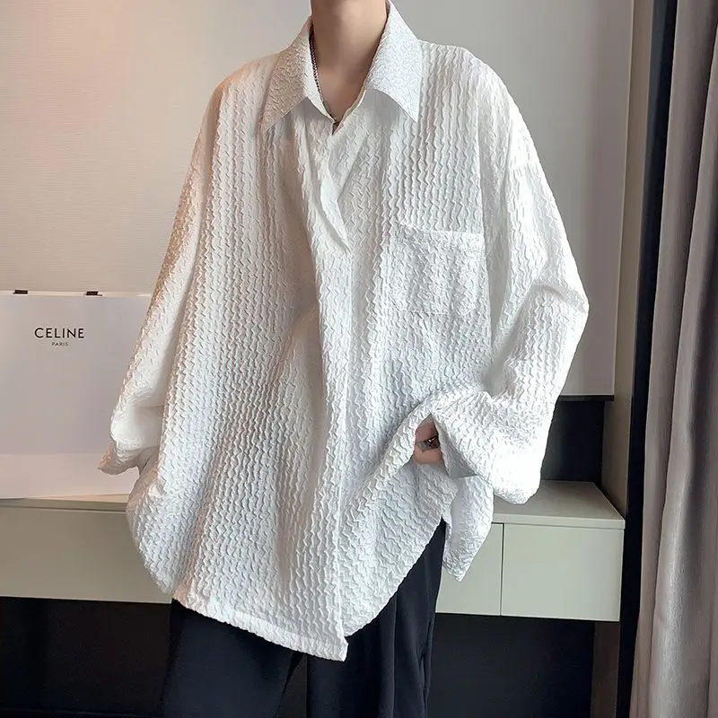 Mens Korean Fashion Harajuku Streetwear Y2K Single Button Shirts Spring Autumn Oversized White Chic Tops Long Sleeve Ropa Hombre