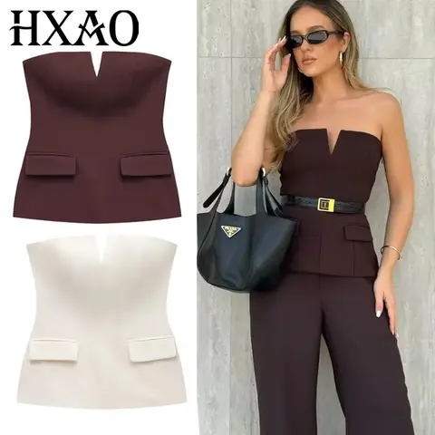 HXAO Tops For Women Strapless Off White Crop Top Woman Summer Corset Tube Tops Sexys Backless Tank Top Sleeveless Solid Tops