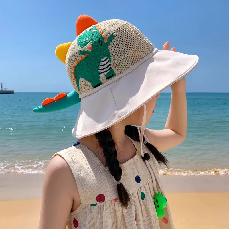 Children\'s hats spring and summer sun visor hats Big Brim Sun Protection Hat Baby Cartoon Dinosaur Sun Protection fisherman hat