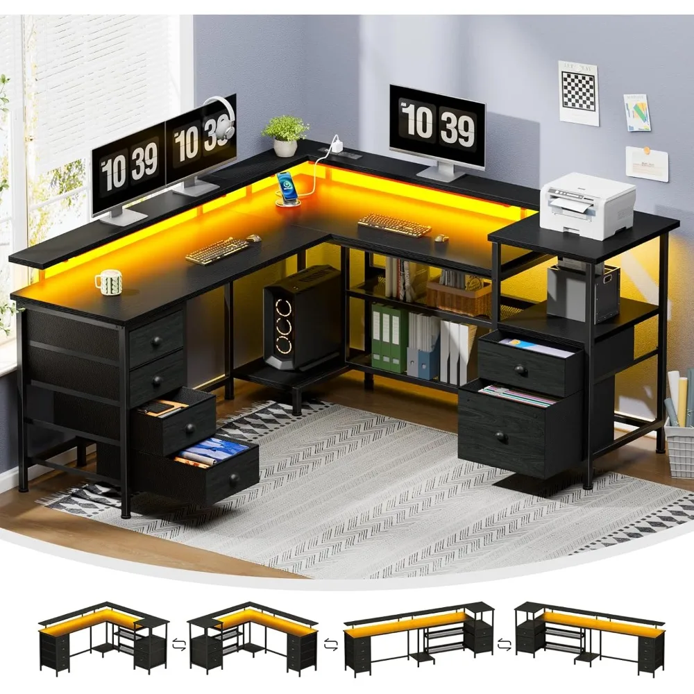 

66" L Shaped Gaming Desk with 6 Drawers & Printer Storage Shelves, Reversible Computer Corner Desk with Power Outlets&LED Light