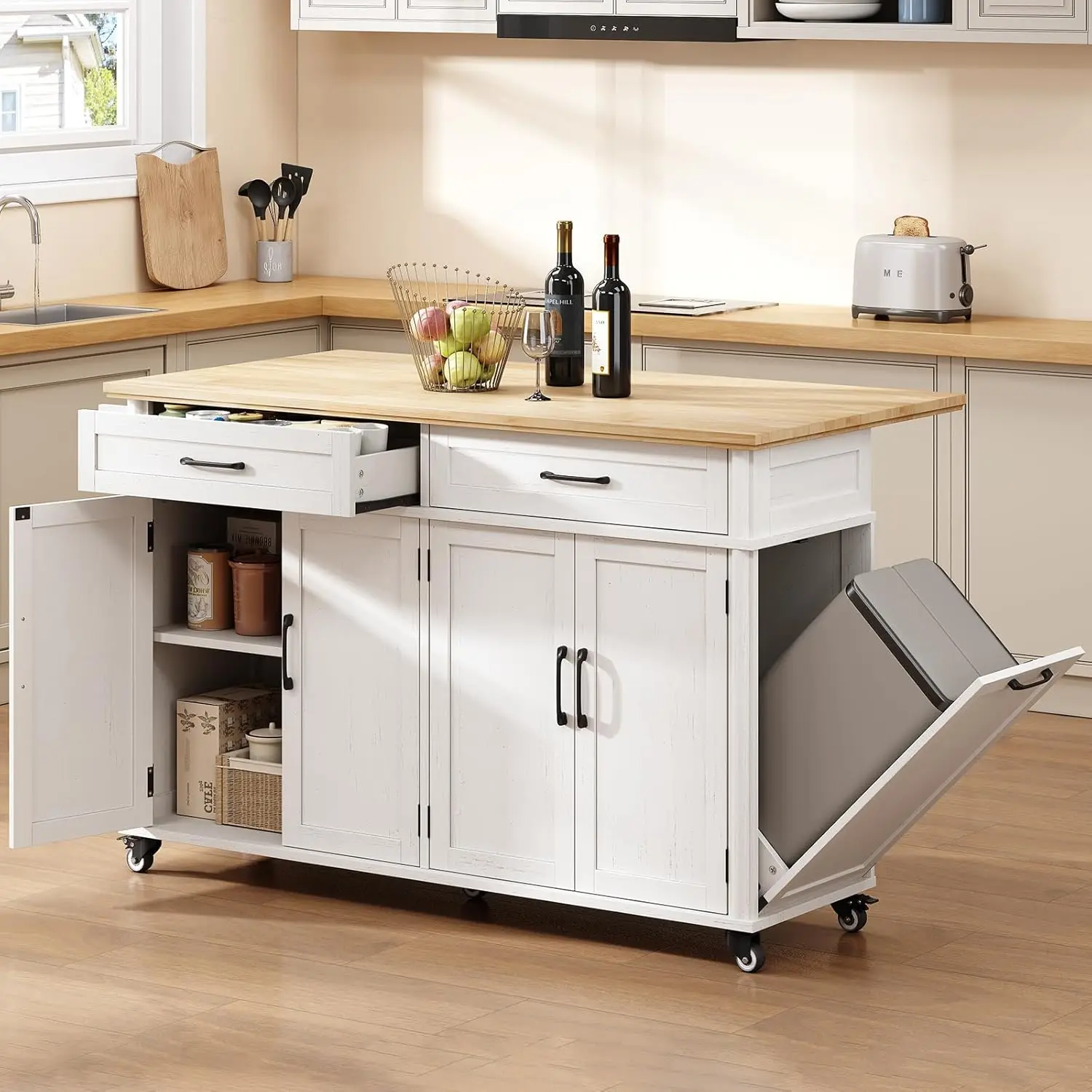 

55'' Kitchen Island with Storage and Solid Rubberwood Top, Kitchen Storage Island on Wheels with 2 Drawers, Rolling Island Ta