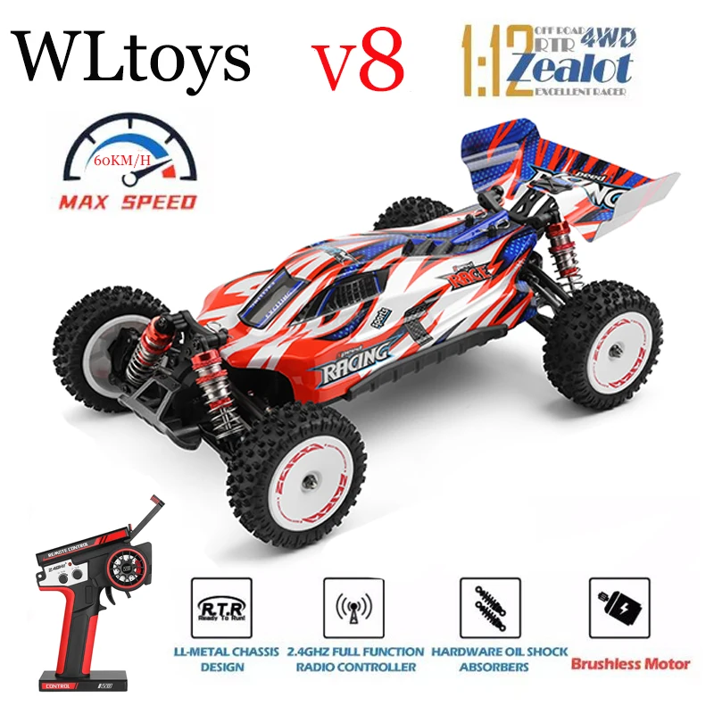 Wltoys 고속 원격 제어 자동차 오프로드 드리프트 장난감, 레이싱 RC 자동차, 4WD 브러시리스 모터, 60 km/h, 최신 124008 V8 1/12 2.4G 