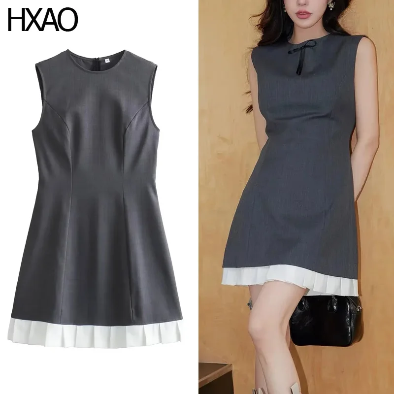 

HXAO Gray Sleeveless Dress Women Mini Dress O-Neck Short Dresses Patchwork Pleated Dress Woman Summer Dress 2024 Casual Dresses