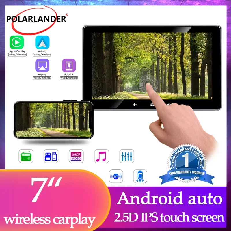 

Car Monitor Stereo Receiver Multimedia Player 7" Touch Screen Wireless Bluetooth 5.0 Android Auto/Carplay Universal MirrorLink