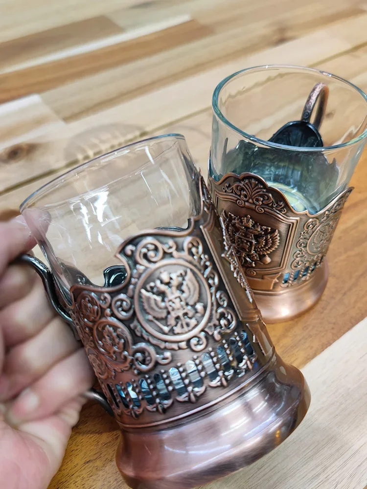Heat Insulation Red Tea Cup European Style Hollow out Design Glass Cup Retro Iron Russian Style Commercial Creative Metal
