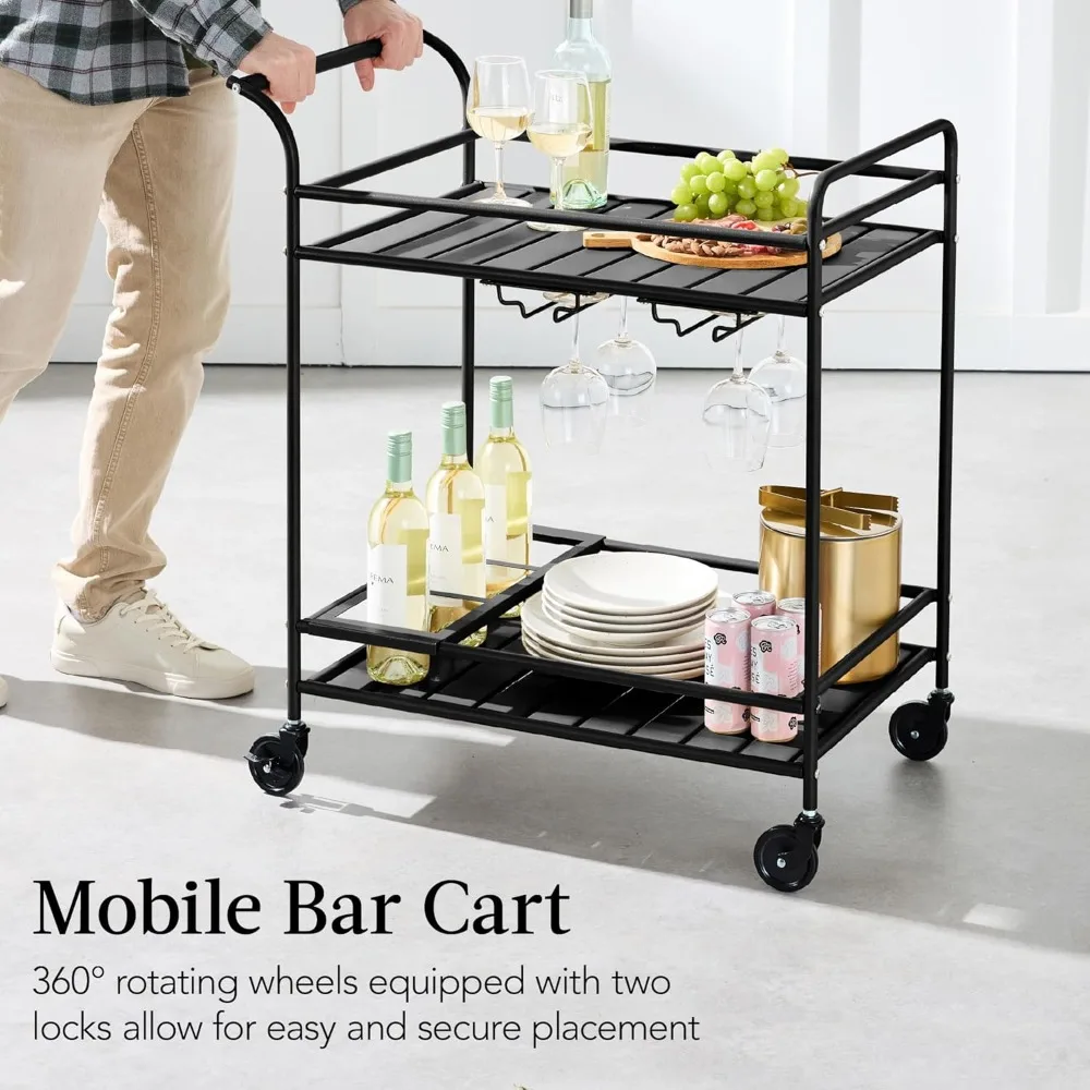 Outdoor Mobile Patio Bar Cart, Home Bar Serving Cart, BBQ Side Table w/ 2 Tier Storage, Wine Rack, Lockable Wheels - Black