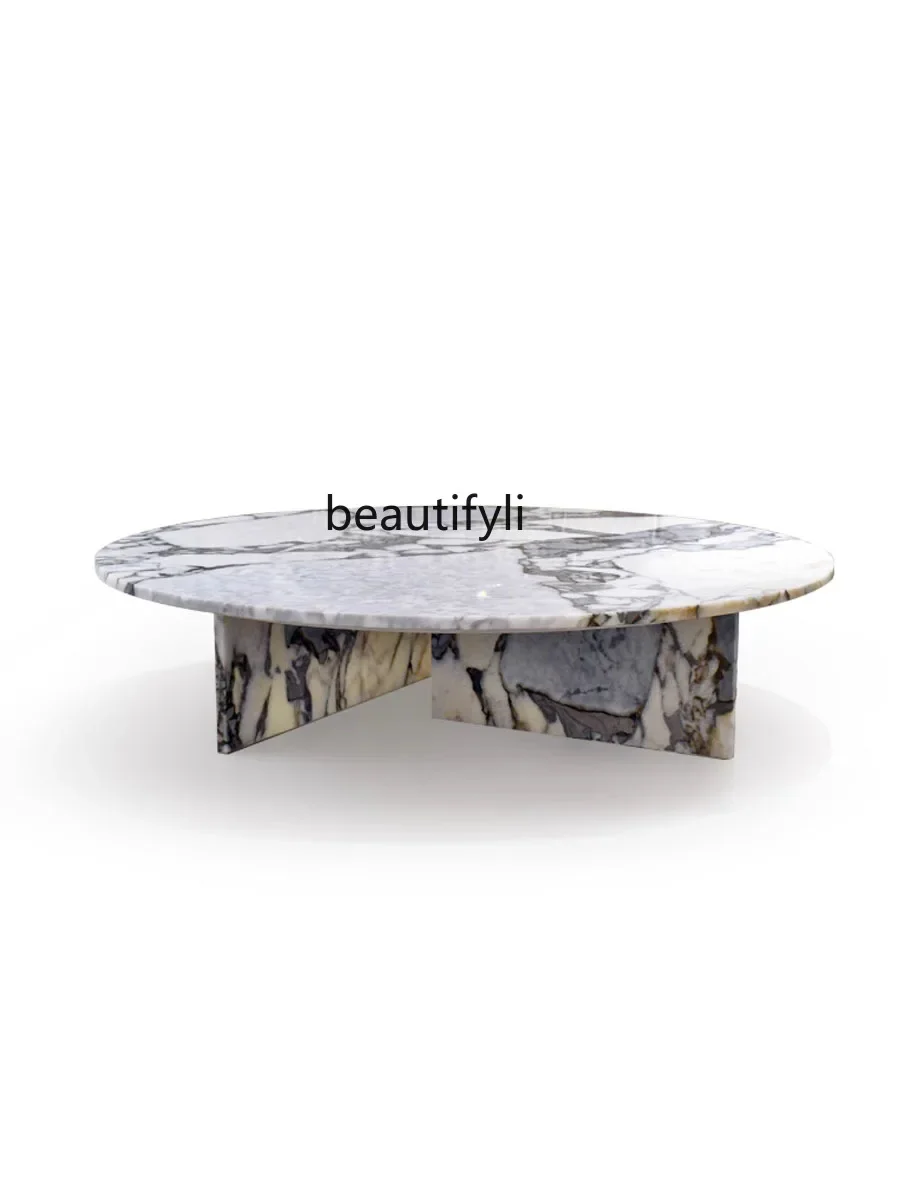 Minimalist design natural elephant white marble coffee table, light luxury round living room combination coffee table side table