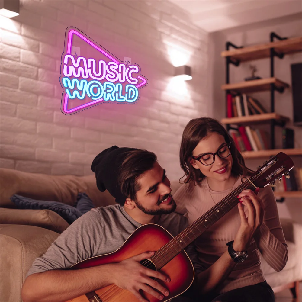 Music World Neon Signs and Letters Lights, Azul e Roxo, Hanging Room Decor, Jogo de LED, Clube, Music Bar Party, Decoração de parede