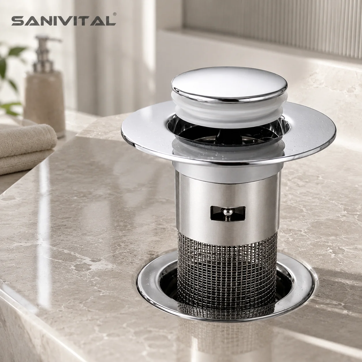 SANIVITAL – Noyau de filtre universel pour drain de lavabo, bouchon de lavabo en acier inoxydable, panier anti-colmatage pour salle de bain