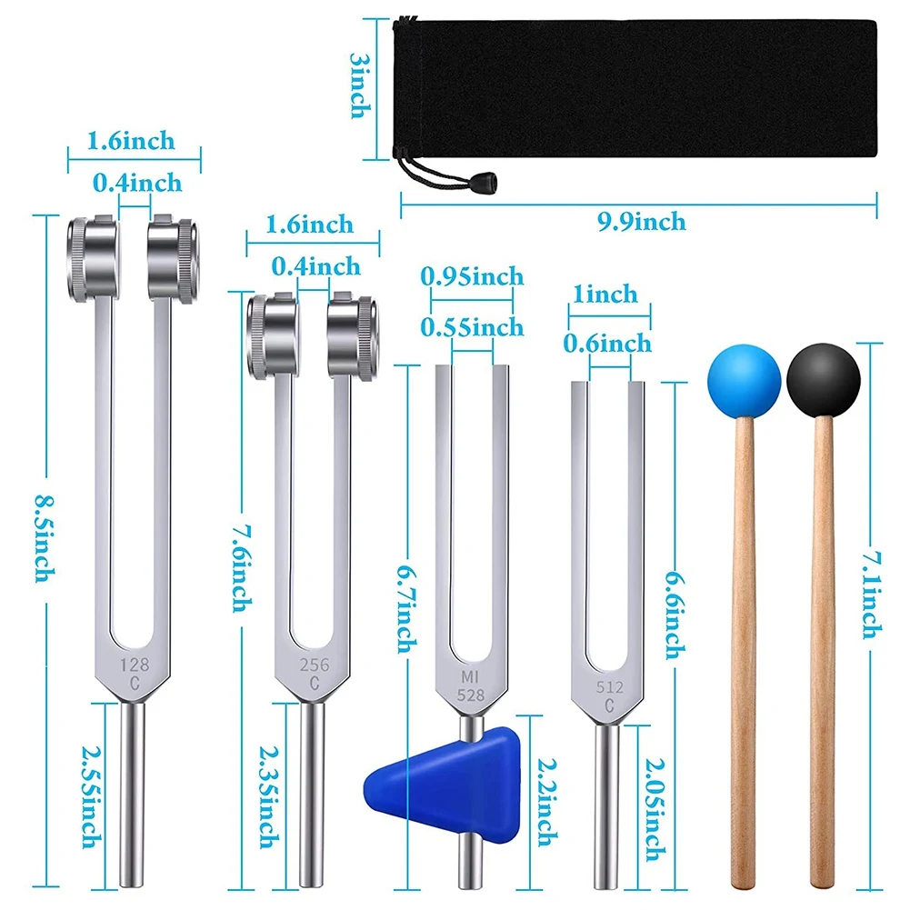 4 Pack Tuning Fork Set(128 Hz,256 Hz,512 Hz,528 Hz)with Tuning Fork Hammer for Sound Healing Sound Vibration Tools