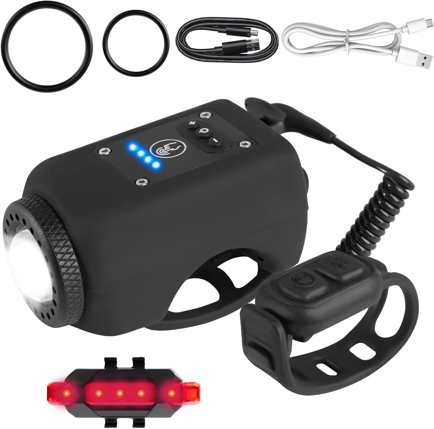 

Bike Horn with Light, 110 dB, 4 Modes + 5 Sounds, IPX5 Waterproof, USB Rechargeable Headlight & Tail Light Set