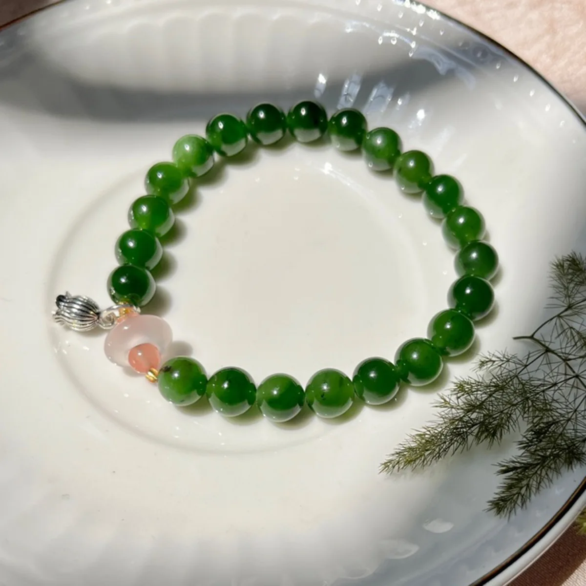 

Natural Hetian Jade Bracelet With Charms Female Duobao Jade Beaded Beads Green 8MM HandString With Pendan For Women's Gift